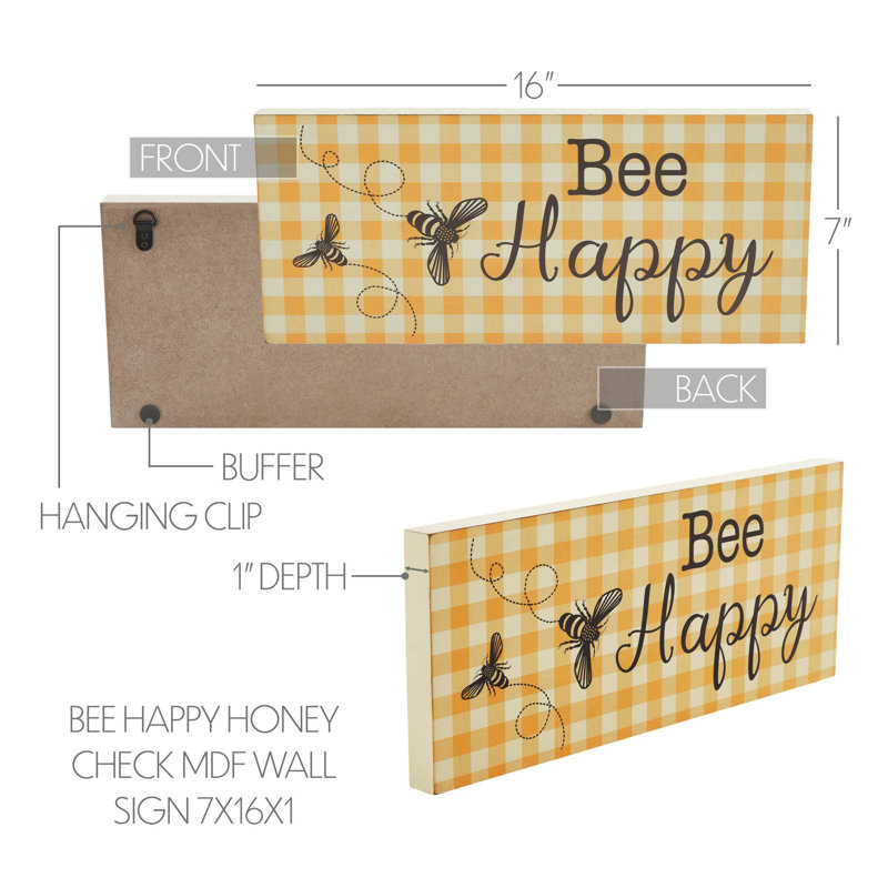 Panneau mural en bois aggloméré Buzzy Bees Bee Happy Honey Check 7 x 16 x 1