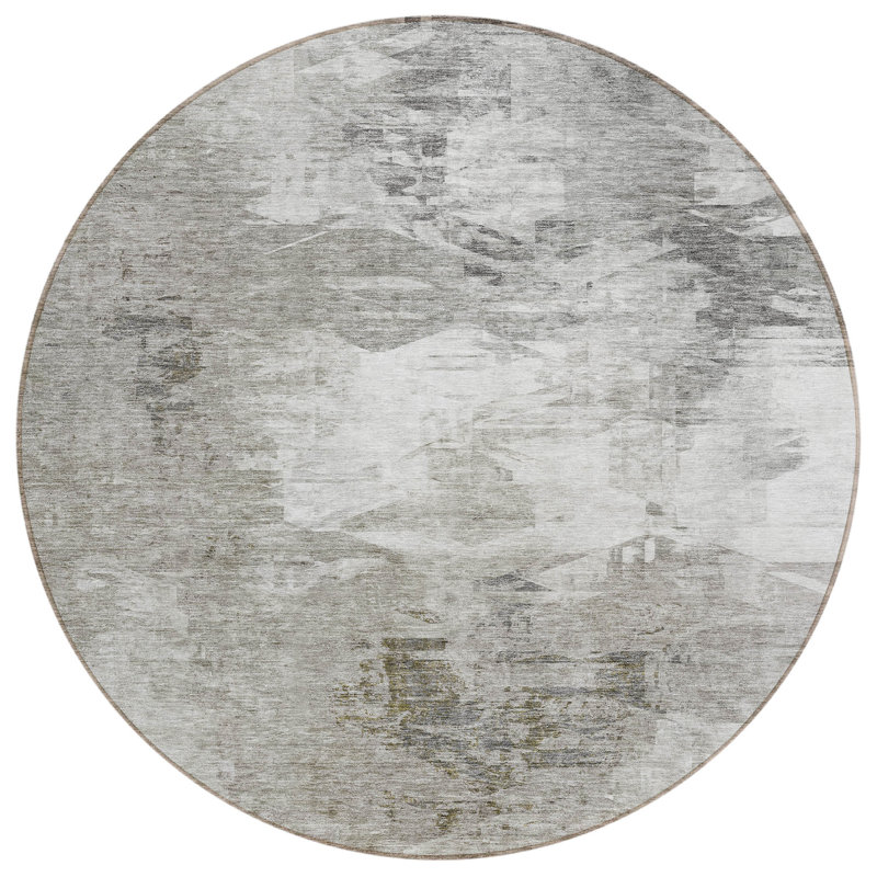 8' Beige Tan And Grey Round Abstract Washable Indoor Outdoor Area Rug