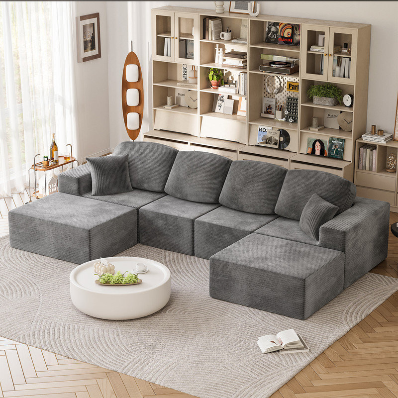 Boneless L-Shaped Modular Sectional Couch, Cloud U-Shaped Compression Sofa with Wide Armrest, Gray Corduroy