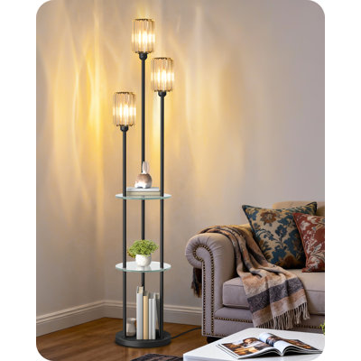 70.9'' Dimmable Tray Table Floor Lamp With 3 Crystal Shades and Foot Switch