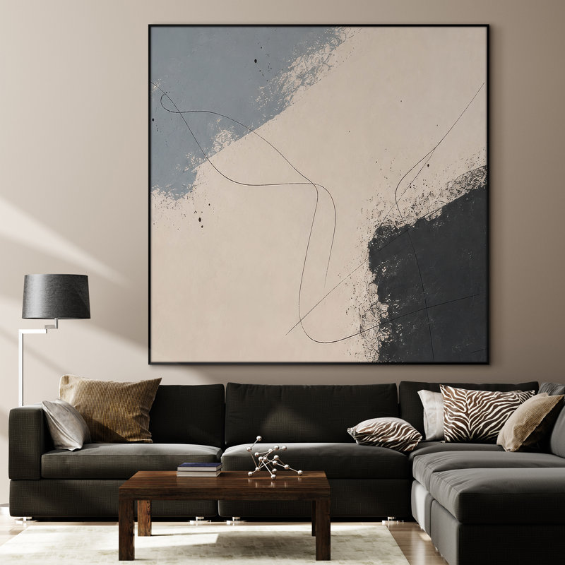 Très grand art mural imprimé sur tissu - Composition abstraite minimaliste avec des accents bleu pâle et gris anthracite pour le salon ou la chambre à coucher - «Assemblage requis du cadre (cadre non fini)»
