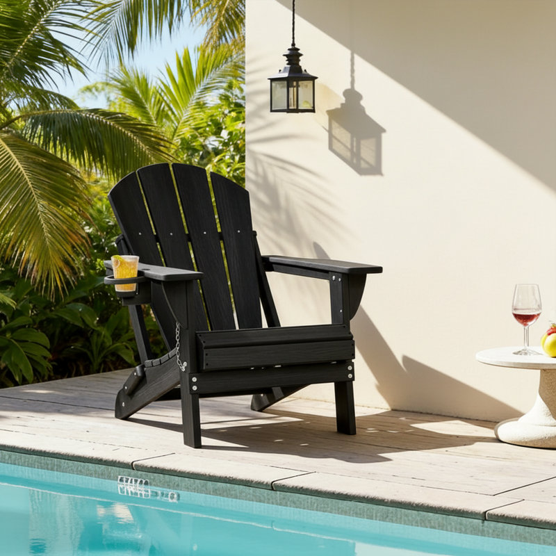 Mallette Adirondack Wood Texture HDPE Foldable Chair Pit Chair with Cup Holder, Black