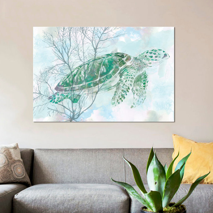 « aquarelle sea turtle i », impression sur toile, H 40 po x l 60 po x P 1,5 po, Toile avec cadre noir, Pas de tapis
