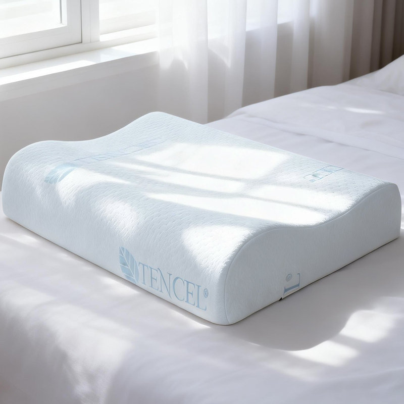 Cervical Contour Pillow for Neck Pain – Memory Foam, Tencel Cooling Cover, Queen, Bed-in-a-Box, Light Blue