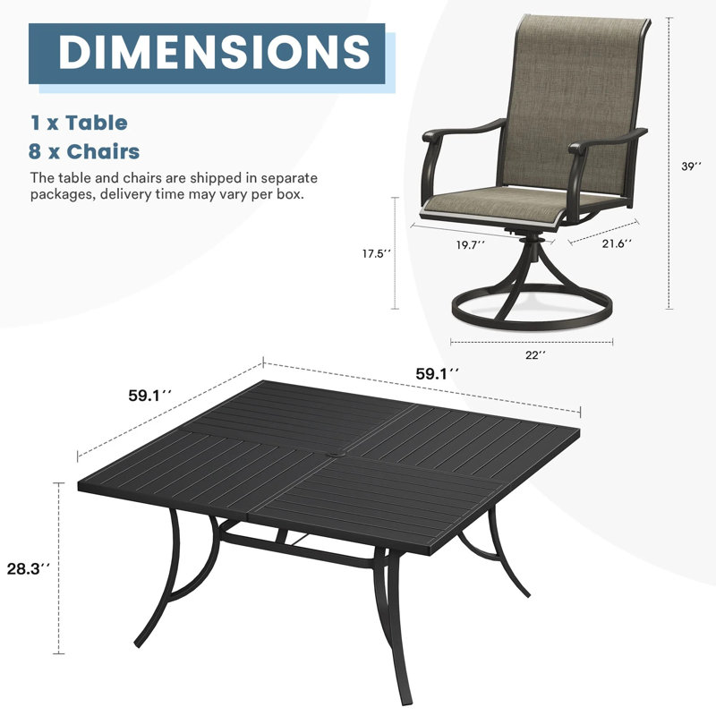 Ensemble repas extérieur 9 pièces avec fauteuil pivotant 9 pièces, Noir