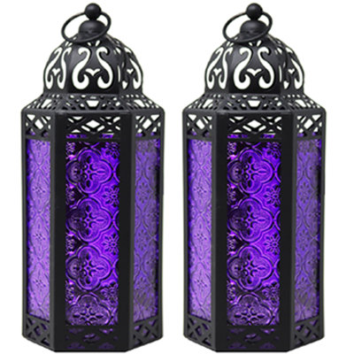 Moroccan Candle Lantern Decorative Candle Holder Lamp for Table or Hanging, Ramadan Decorations, Weddings, Indoor Home Decor, Outdoor Patio or Porch (Set of 2)