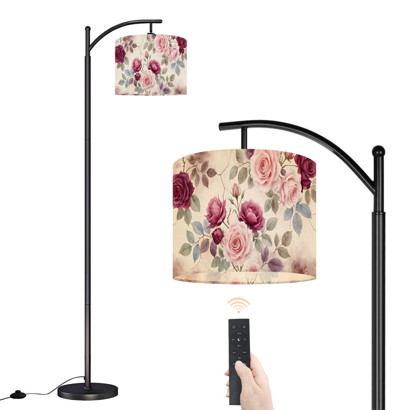 Lampe sur pied à arc avec abat-jour réglable avec aquarelle rétro, roses, floral, craquelé, antique, doux, rose, debout, lampe sur pied