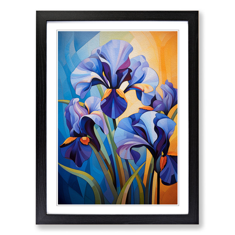 Iris Flower Cubism - Single Picture Frame Print on Wood, 64cm H x 46cm W x 2cm D, Black Framed