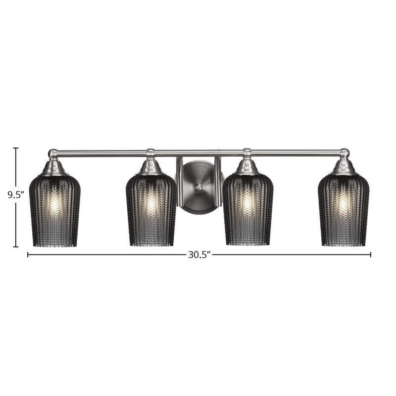 Barre d'éclairage de salle de bain 4 lumières Michell avec verre texturé fumé 5 po, Nickel brossé