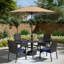 Ensemble de salle à manger de patio 6 pièces 4 fauteuils en rotin et table carrée en métal avec parasol-1359562148