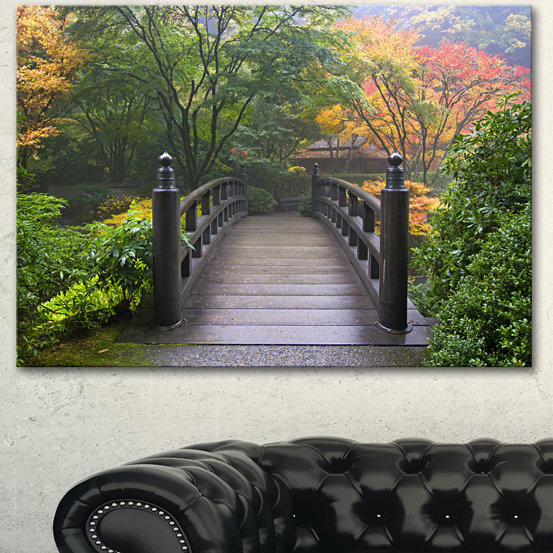 Wood Bridge at Japanese Garden in Fall - Wrapped Canvas Photograph Print Design Art 