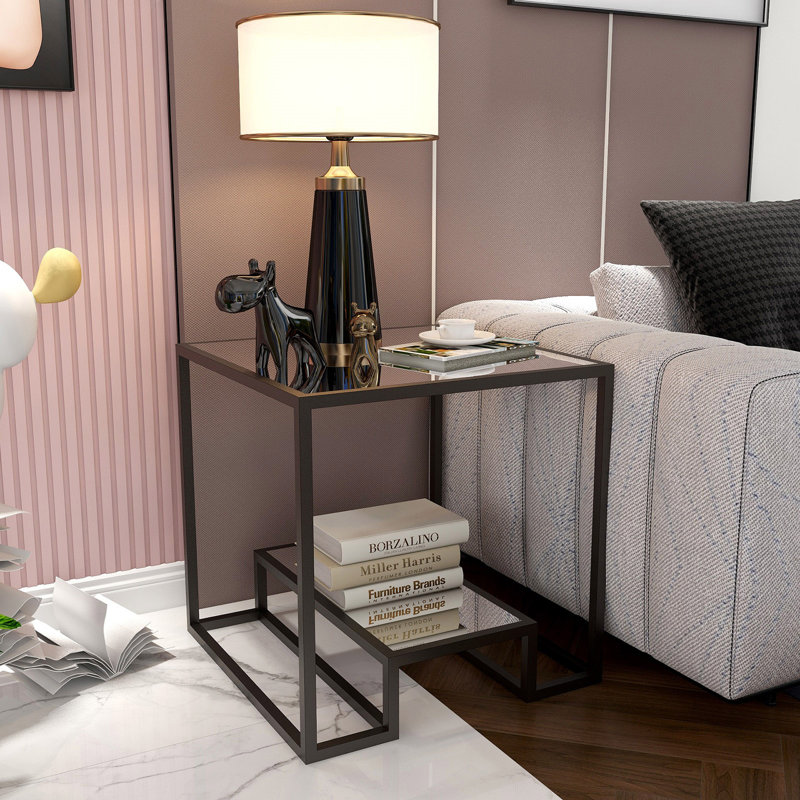 Table de bout avec rangement en verre Stansberry, Transparent, Noir