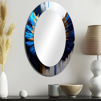 Grand ange bleu et doré avec ailes d'ange I - Grand miroir mural en métal