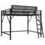 Grand lit mezzanine grand noir avec tablettes, structure en métal robuste et échelle