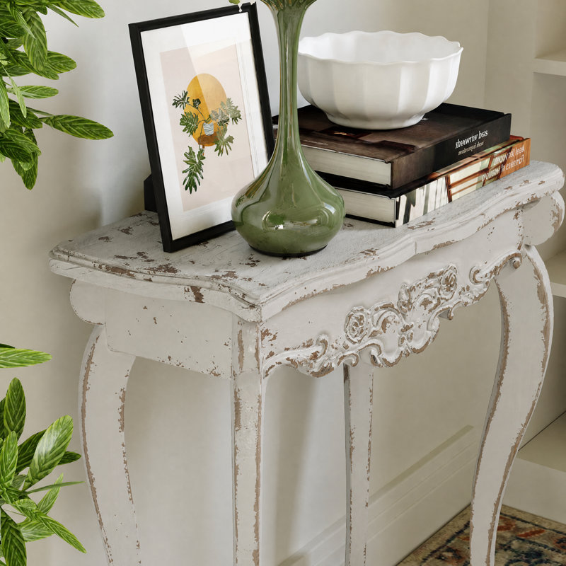 Ophelia & Co. Solid Wood & MDF French Country Antique Console Table - Classic Entryway Design with Distressed Finish and Carved Details