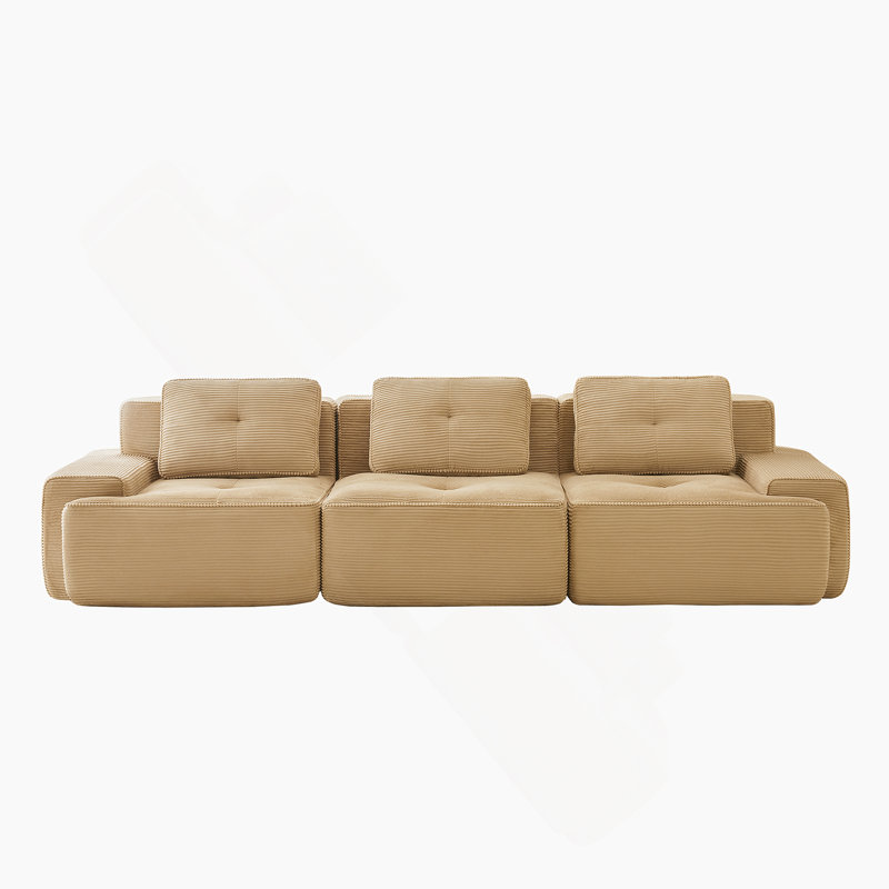 Canapé modulaire moderne de 117 pouces, tissu velours côtelé surdimensionné à 3 places avec siège profond et passepoil perlé, sans assemblage requis, brun clair