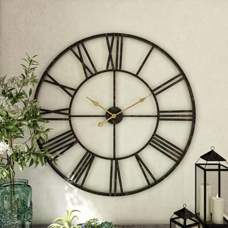 Solange Round Metal Farmhouse Wall Clock, Dark Brown, Large