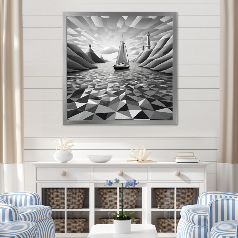 Motif géométrique de bateau solitaire - Bateau côtier, art mural, Cadre simple argenté, H 36 po x l 36 po x P 1,5 po