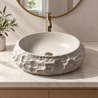 19" White Resin Vessel Sink with Gold Marble Veining and Sculpted Stone-Look Exterior