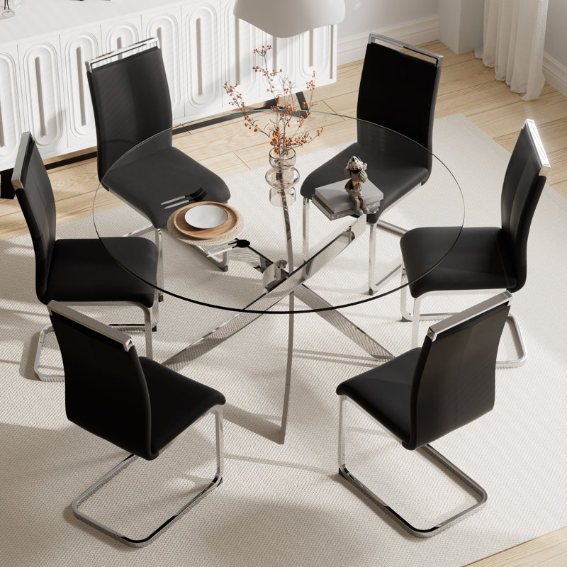 Ensemble de table de salle à manger 7 pièces, table ronde en verre trempé de 47 pouces et 6 chaises de salle à manger rembourrées.