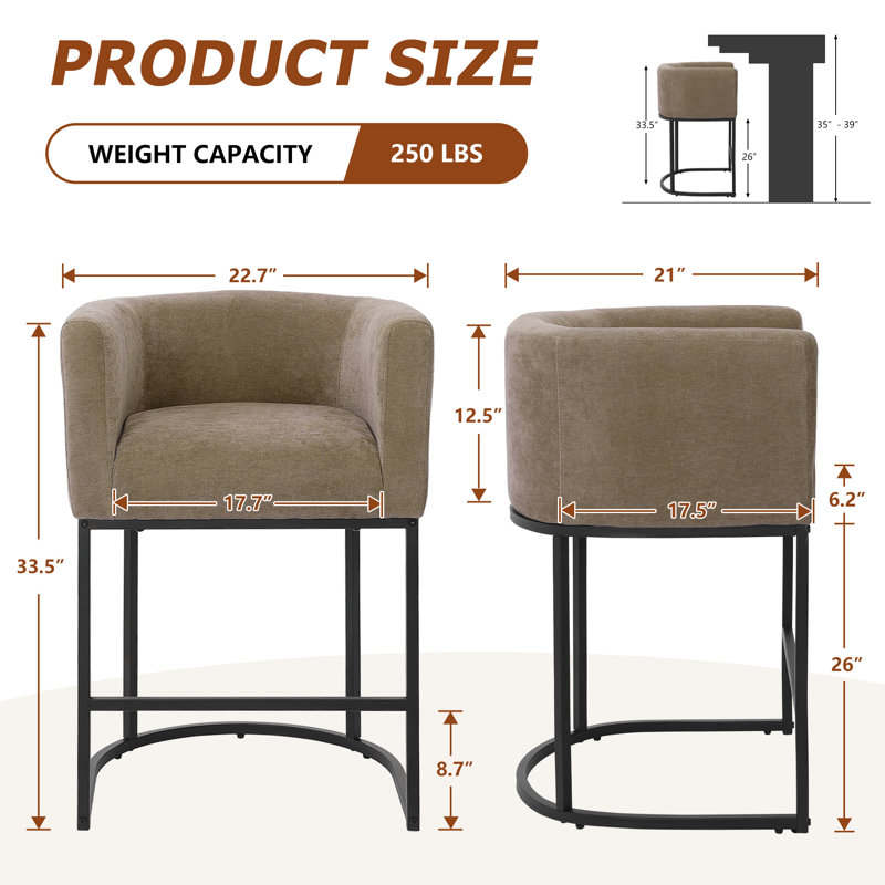 26" Upholstered Metal Barrel Counter Bar Stool, Brown Seat/Black Frame, 3