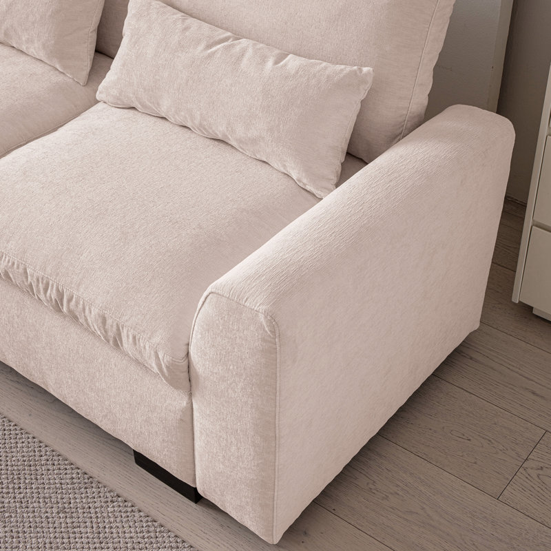 Chenille beige, L 114,5 po avec rangement réversible, ports et porte-gobelet, coussins lavables amovibles pour la maison