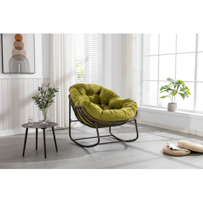 Chaise berçante d'extérieur en rotin, fauteuil inclinable et berçant rembourré pour la véranda, salon, patio, jardin, vert olive