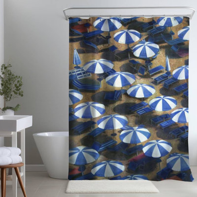 Beach Umbrellas – Blue Bathroom Beach – Polyester Shower Curtain, Dye Sublimation Print, 71" W × 74" L
