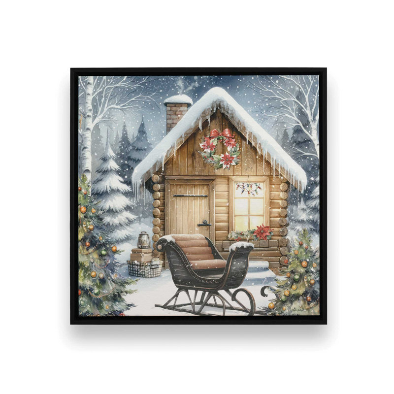 «Christmas Cabin with Sleigh» par Nicole DeCamp, reproduction d'art, H 31,5 po x l 31,5 po, Noir, Toile avec cadre