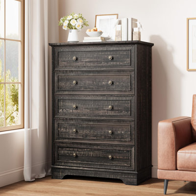 Farmhouse 5 Drawer Dresser for Bedroom - Vertical Chest Cabinet with Generous Storage - Tall Organizer for Living Room or Hallway - Vintage Oak Gray -