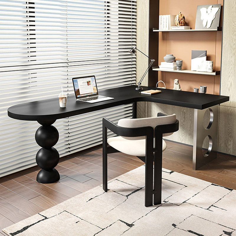 Bureau d'angle en bois massif noir avec pieds en acier inoxydable, H 29,53 po x l 86,61 po x P 55,12 po