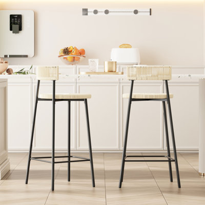 2 tabourets de comptoir: corde de papier tissée à la main. Pour îlot de cuisine. Structure en métal noir, siège blanc crème. Et pratique. Facile à assembler. Pratique