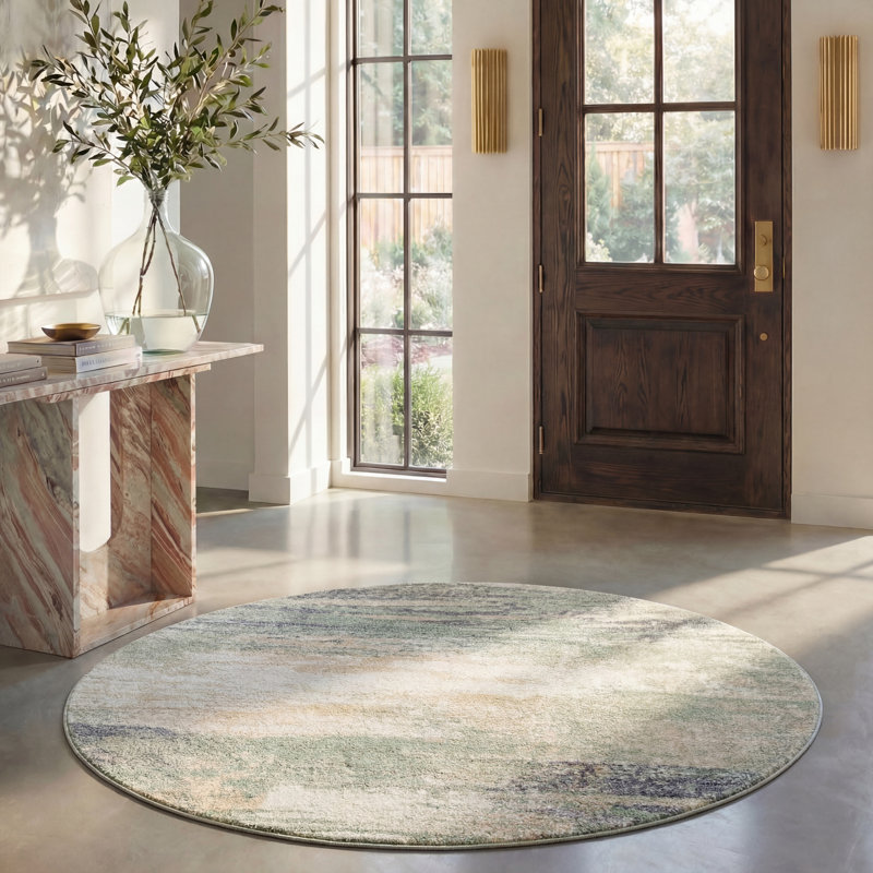 Tapis à motif abstrait Algonquin Performance, Ivory/Green, Rond 6 pi