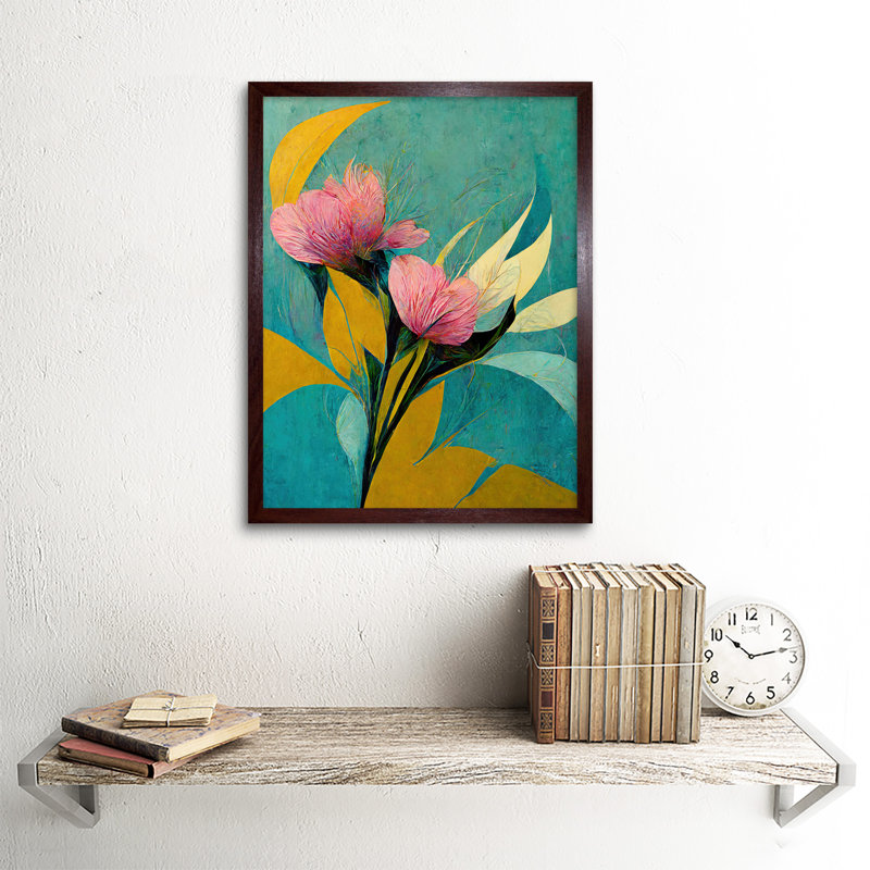 Abstract Floral Teal Pink Mustard Flower - Print, Brown Framed Unframed, 43cm H x 33cm W x 2cm D