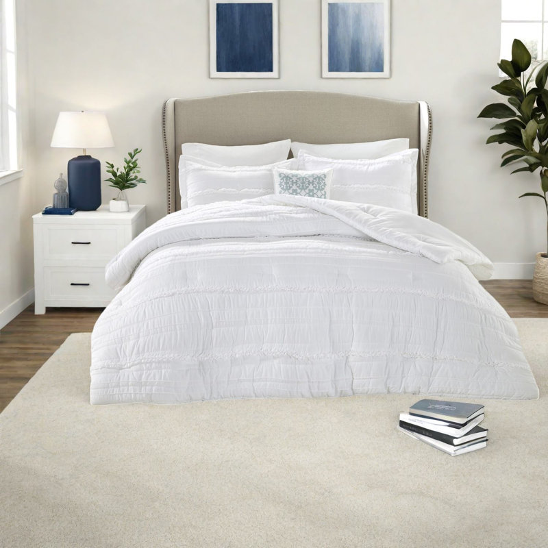Elegant 5-piece White Comforter Bedding Set, Polyester Microfiber, Cal King Size