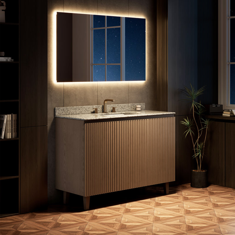 Meuble-lavabo de luxe autoportant de 122 cm (48 po) avec lavabo simple, comptoir en granit naturel et lavabo en céramique.