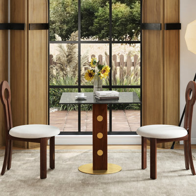 Modern Square 33.5" Tempered Glass Table With Wooden Leg & Gold Base For 2 - Person Study Sessions In Small Kitchens, Easy To Clean Minimalist Design, Legs And Work Zones,