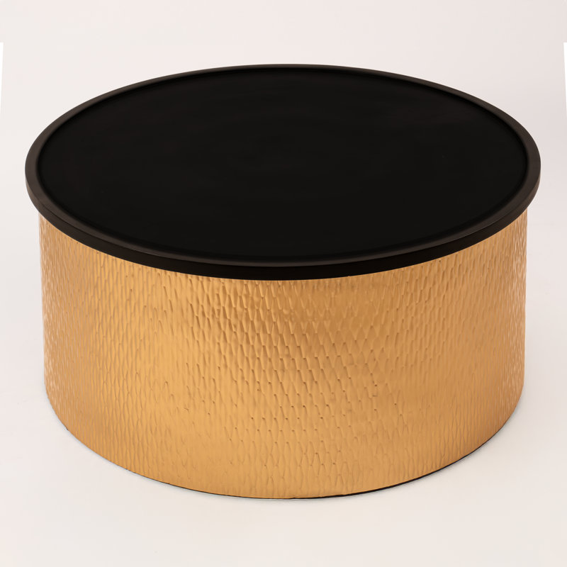 Modern Accent Cylindrical Round Coffee Table with Black Top, Gold
