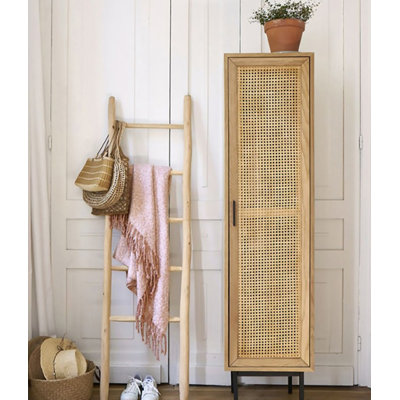 Armoire de rangement moderne à simple porte en rotin de pin massif minimaliste