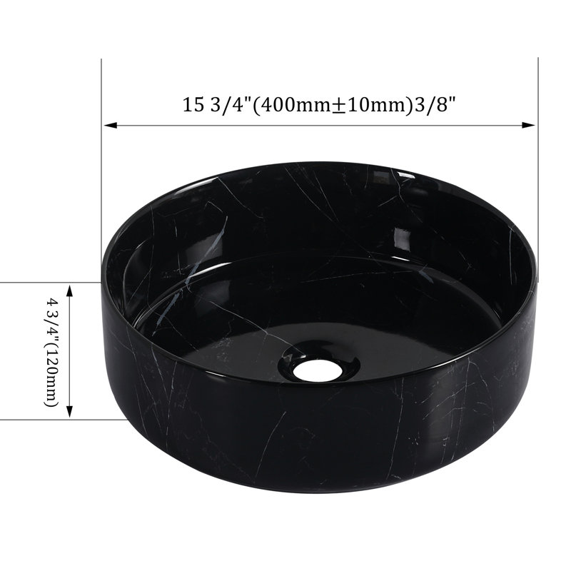 Évier de comptoir rond en céramique pour la salle de bain, art noir et blanc, glacis cuit, lisse, largeur de 15,94 po, profondeur, 4,74 po, lavabo d'art 18,93 lb, facile à nettoyer, teinture à trois couches,