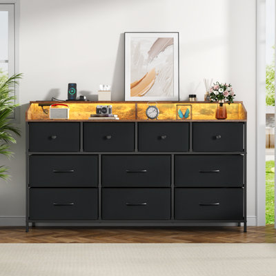 Commode 10 tiroirs pour chambre à coucher avec lumières DEL, prises de courant et tablettes de rangement à 2 niveaux