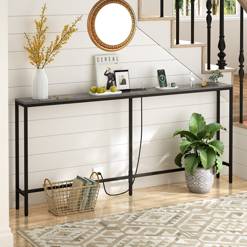 70" W Console Table with Outlet, Black, Gray