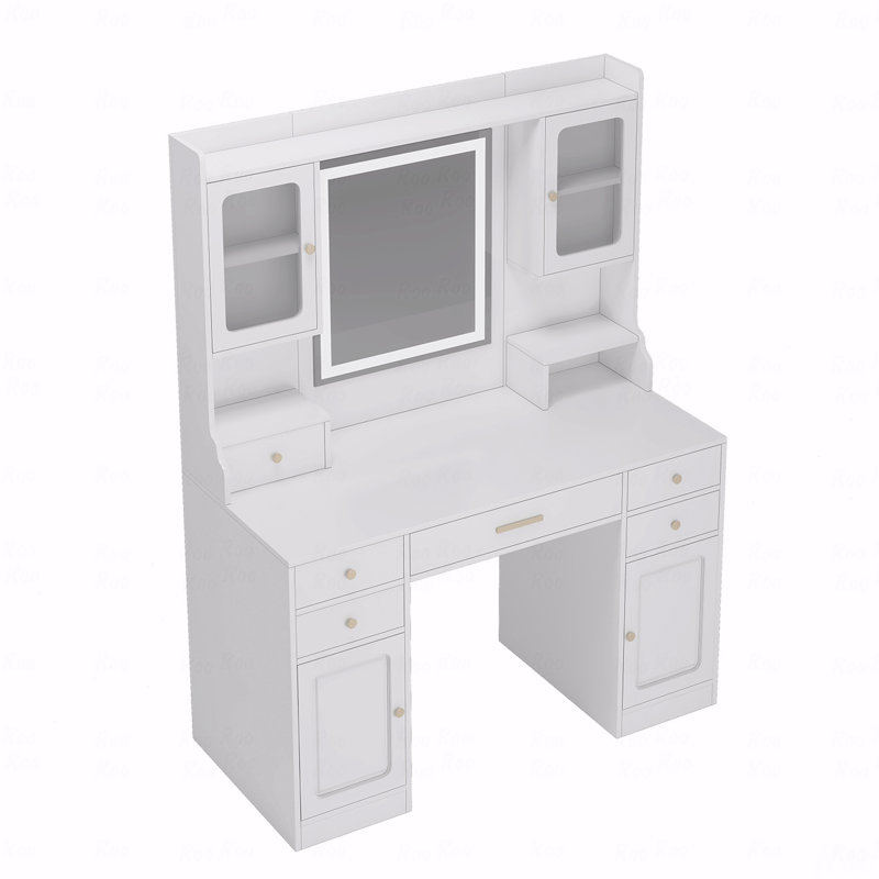 Grande coiffeuse avec miroir, avec 6 tiroirs et tablettes de rangement, bureau de commode