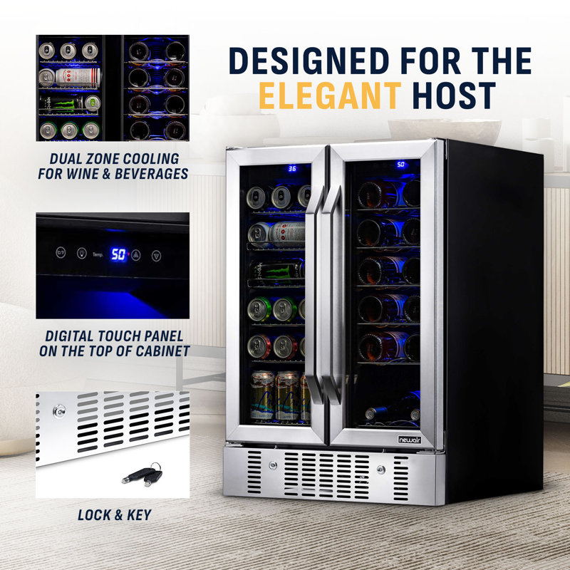 Newair 24” Built-in Dual Zone 18 Bottle and 58 Can Wine and Beverage Fridge in Stainless Steel 