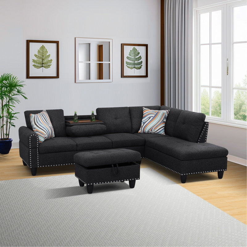 Canapé modulaire en L avec porte-gobelet en forme de L - Noir-Droite, Black Faux leather, Orienté à droite, Noir