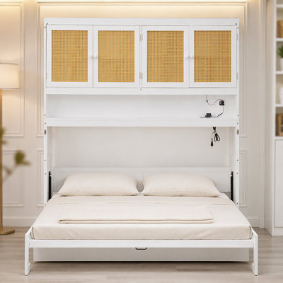 Murphy Bed with Top Cabinet, Space Saving Foldable Bed with built-in LED, USB