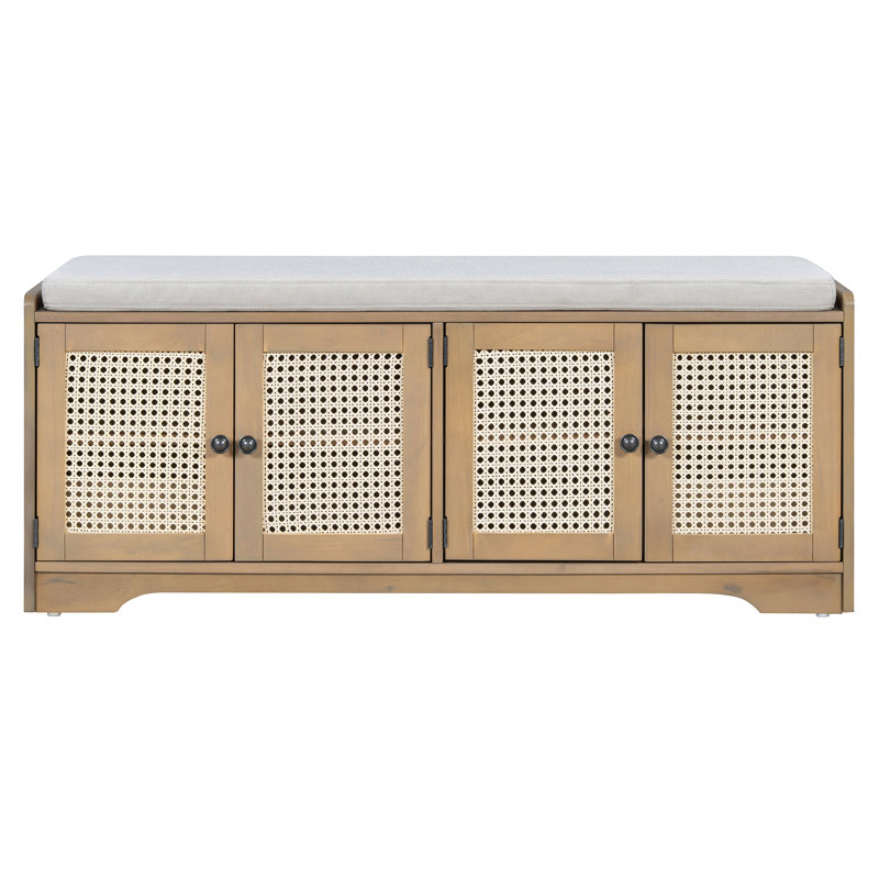 Rustic Storage Bench With Removable Cushion, Woven Rattan Doors & Adjustable Shelves For Entryway, Yellow