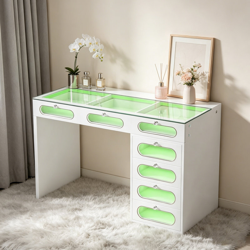 Bureau de meuble-lavabo avec lumières RVB couleur 7 tiroirs ovales en verre avec poignées en cristal Type C et chargeur USB pour la chambre à coucher