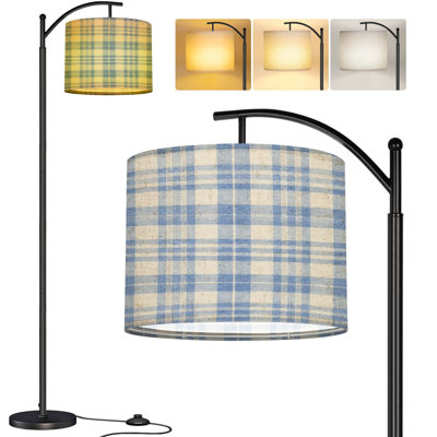  Arc Floor Lamp French farmhouse blue plaid check seamless border Rustic tonal country Tall Modern Standing Lamp LED Adjustable Linen Lampshade 3 Color Temperatures