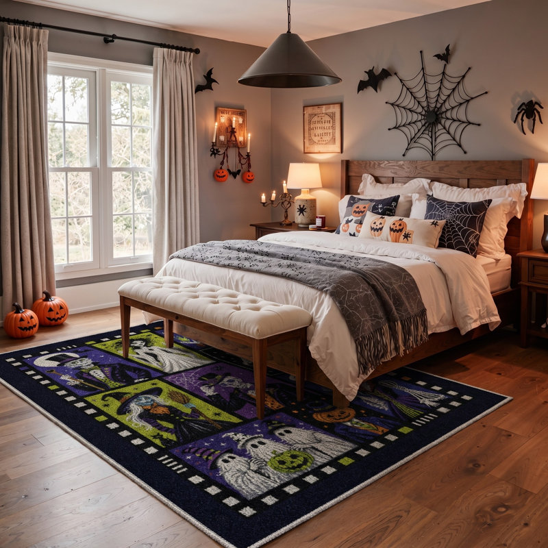 Tapis d'Halloween rétro, noir / orange, lavable à la machine, à poils courts, antidérapant, Rectangle 9 pi x 12 pi
